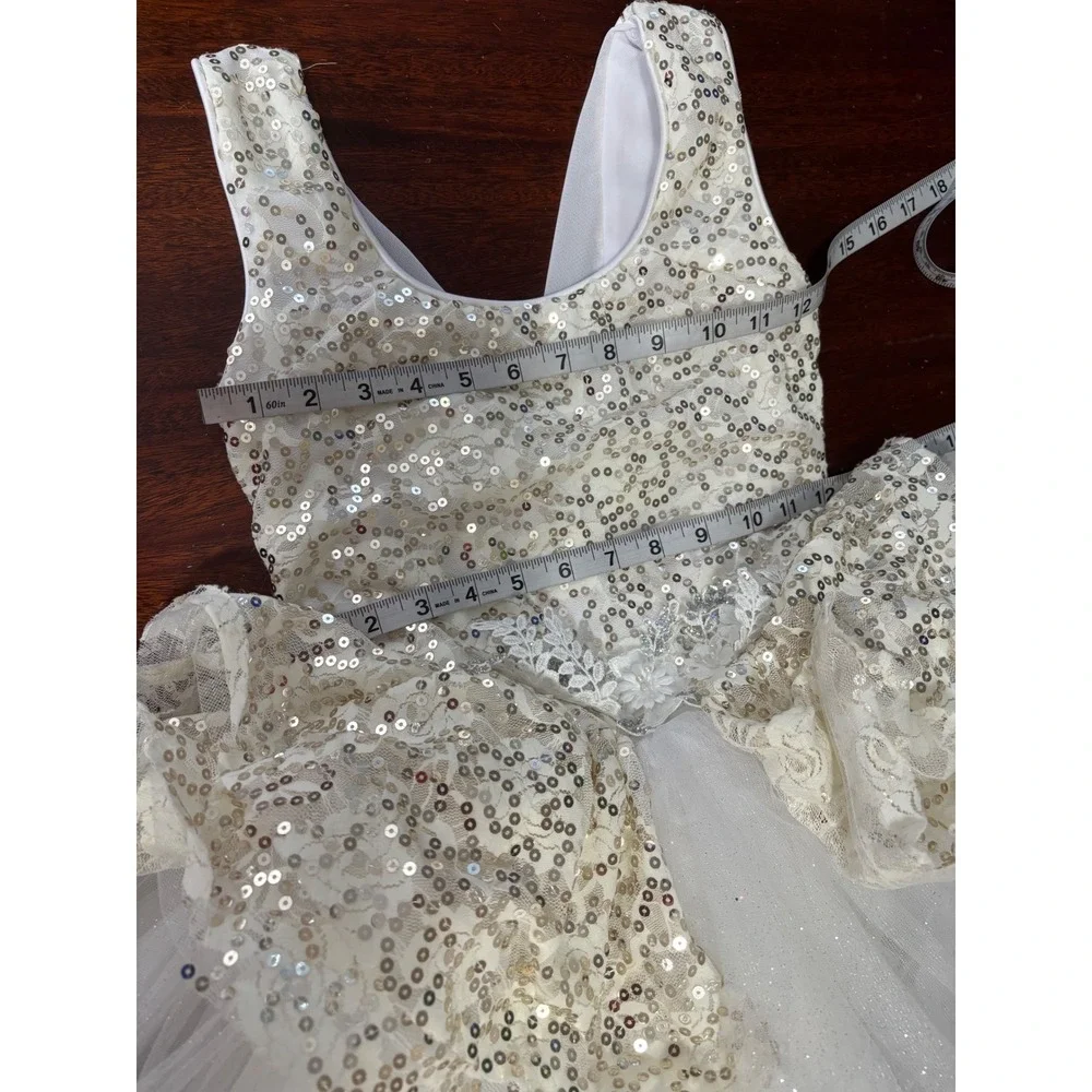 Weissman Kids Dance Costume Dress L White Gold Sequin Ballet Tutu Fairy Princess